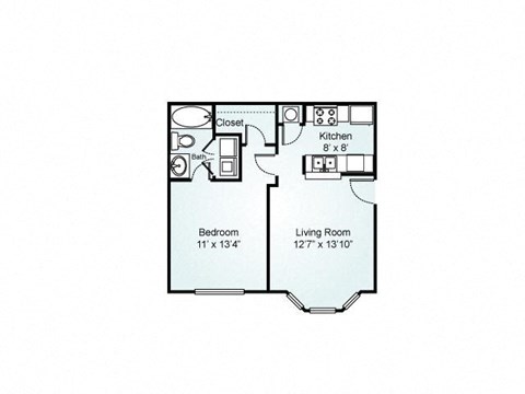 1-bedroom/1-bathroom floor plan layout with 591 square feet at Chace Lake Villas apartments for rent in Birmingham, AL